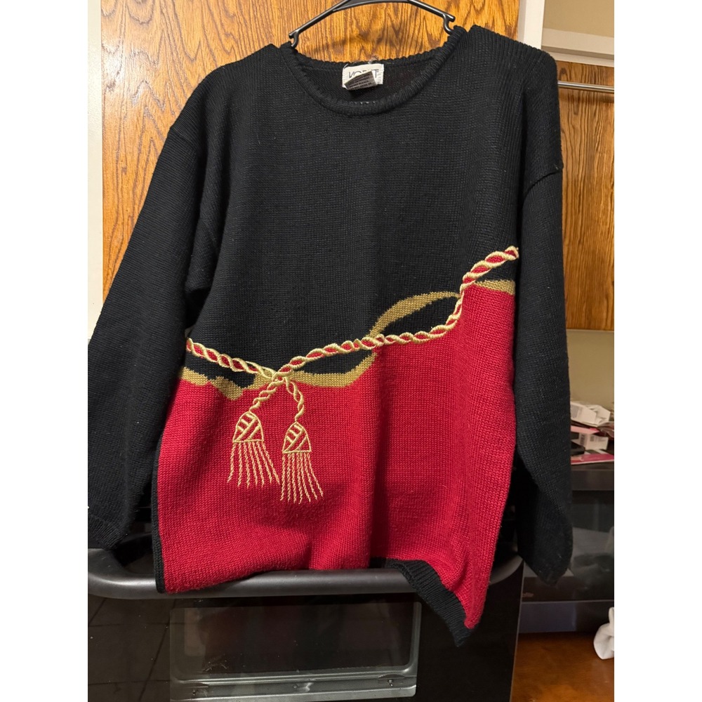 Vintage Koret Sweater Womens Medium Black Red Gold Tassel Knit Pullover 1604706